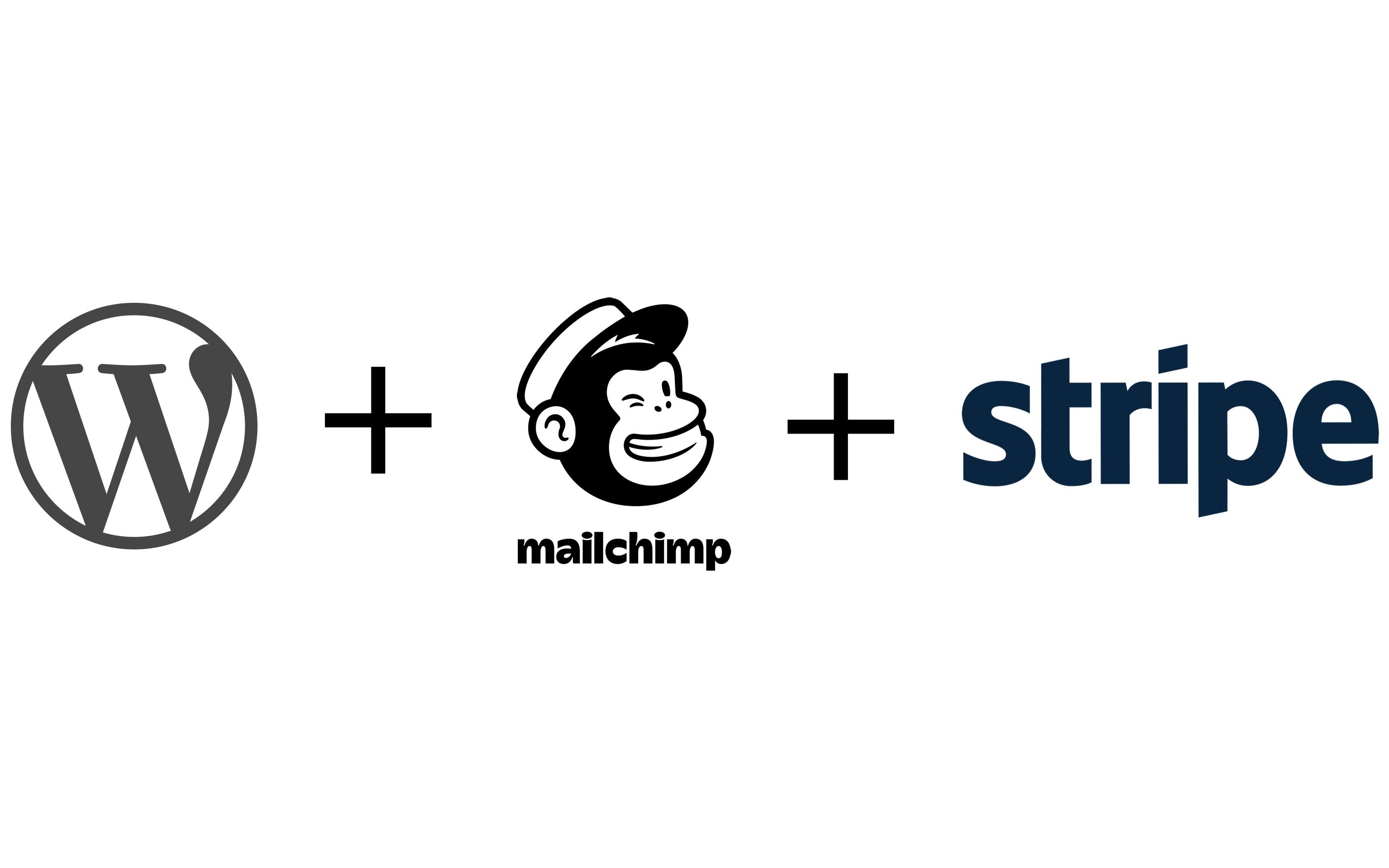 Logos of wordpress + mailchimp + stripe.