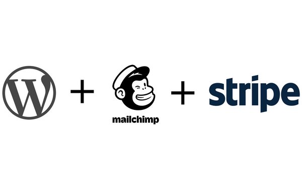 Logos of wordpress + mailchimp + stripe.
